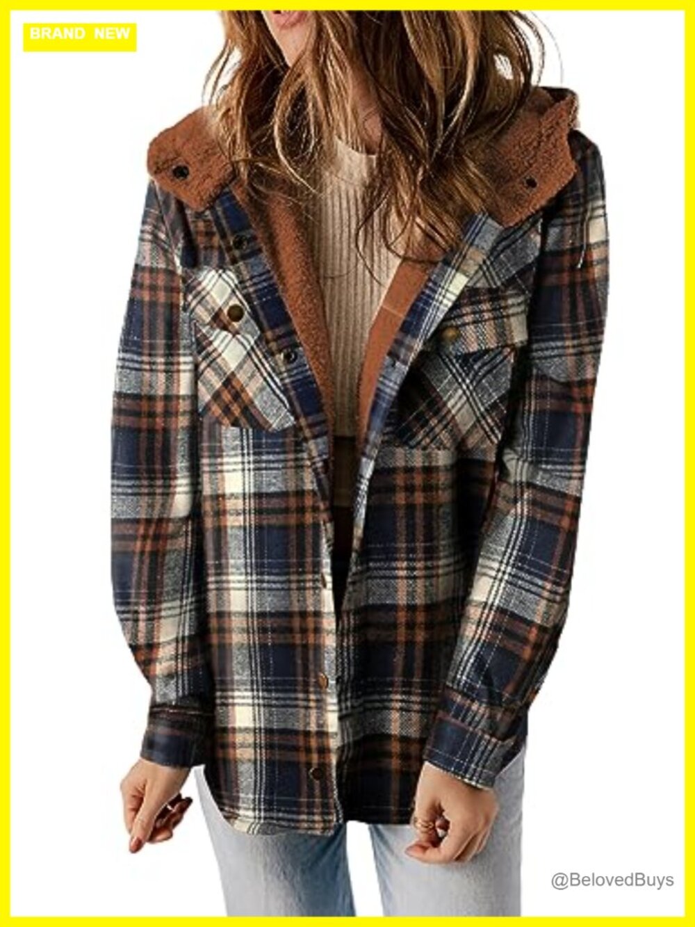 Womens Plaid Fleece Lined Hooded Shacket Jacket Warm Winter Coat